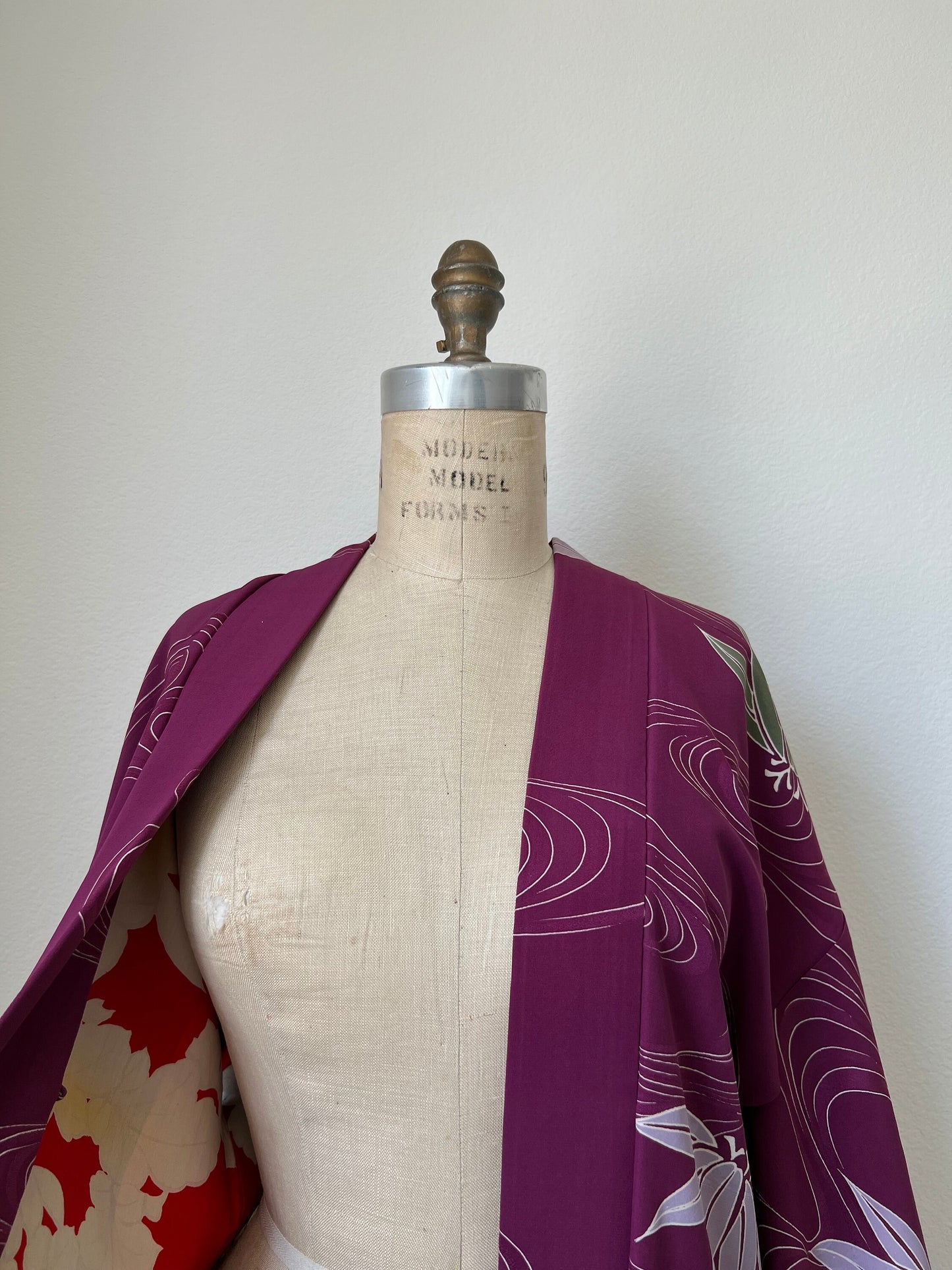 Antique Japanese purple silk long Haori with flowing water & bamboo pattern