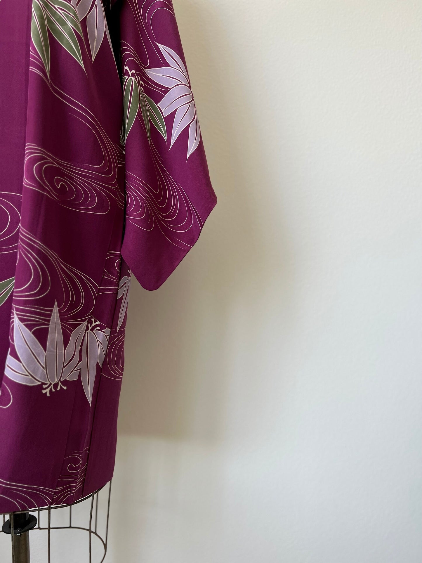 Antique Japanese purple silk long Haori with flowing water & bamboo pattern