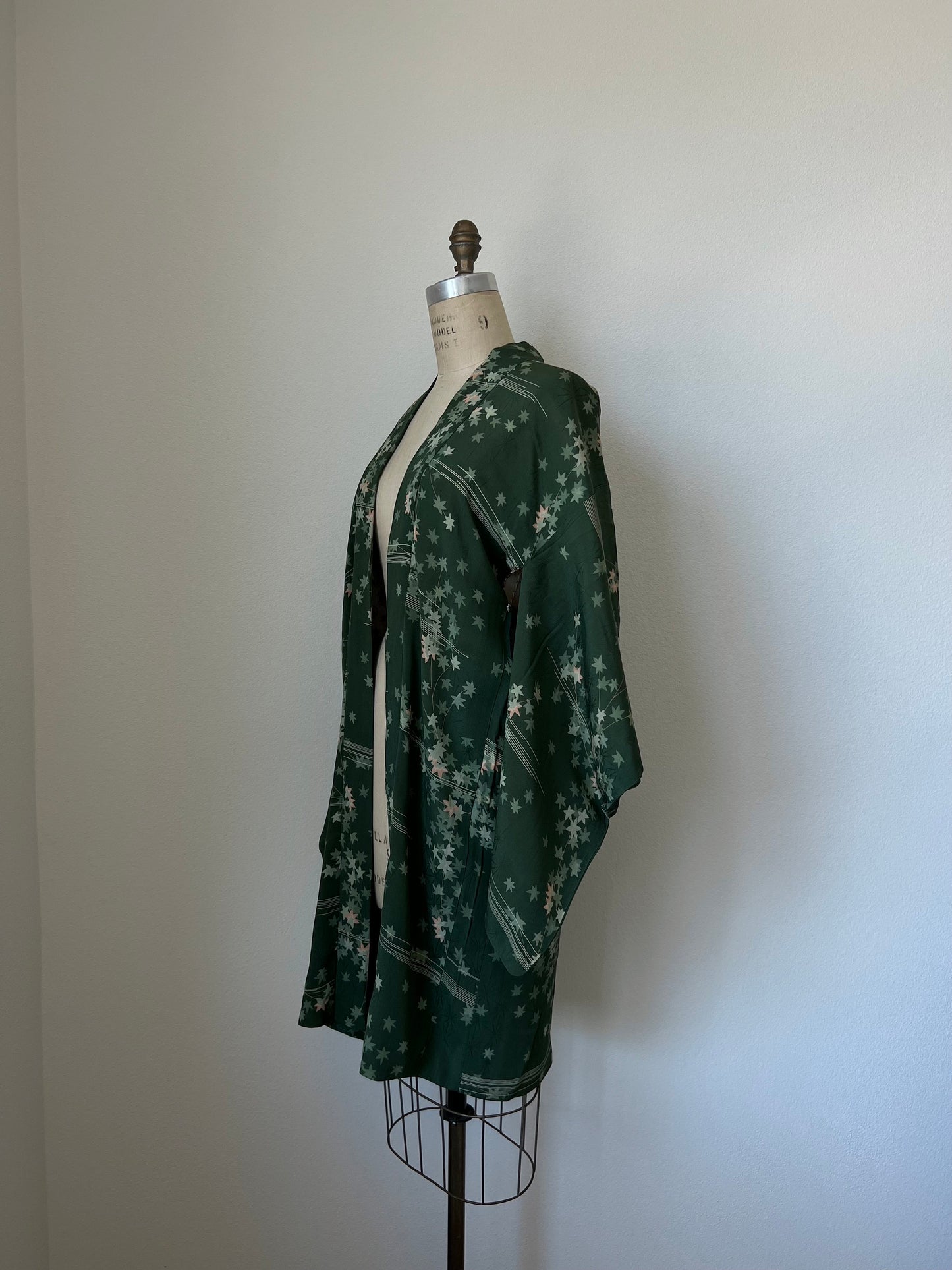 Antique Japanese green silk long Haori with maple leaf pattern