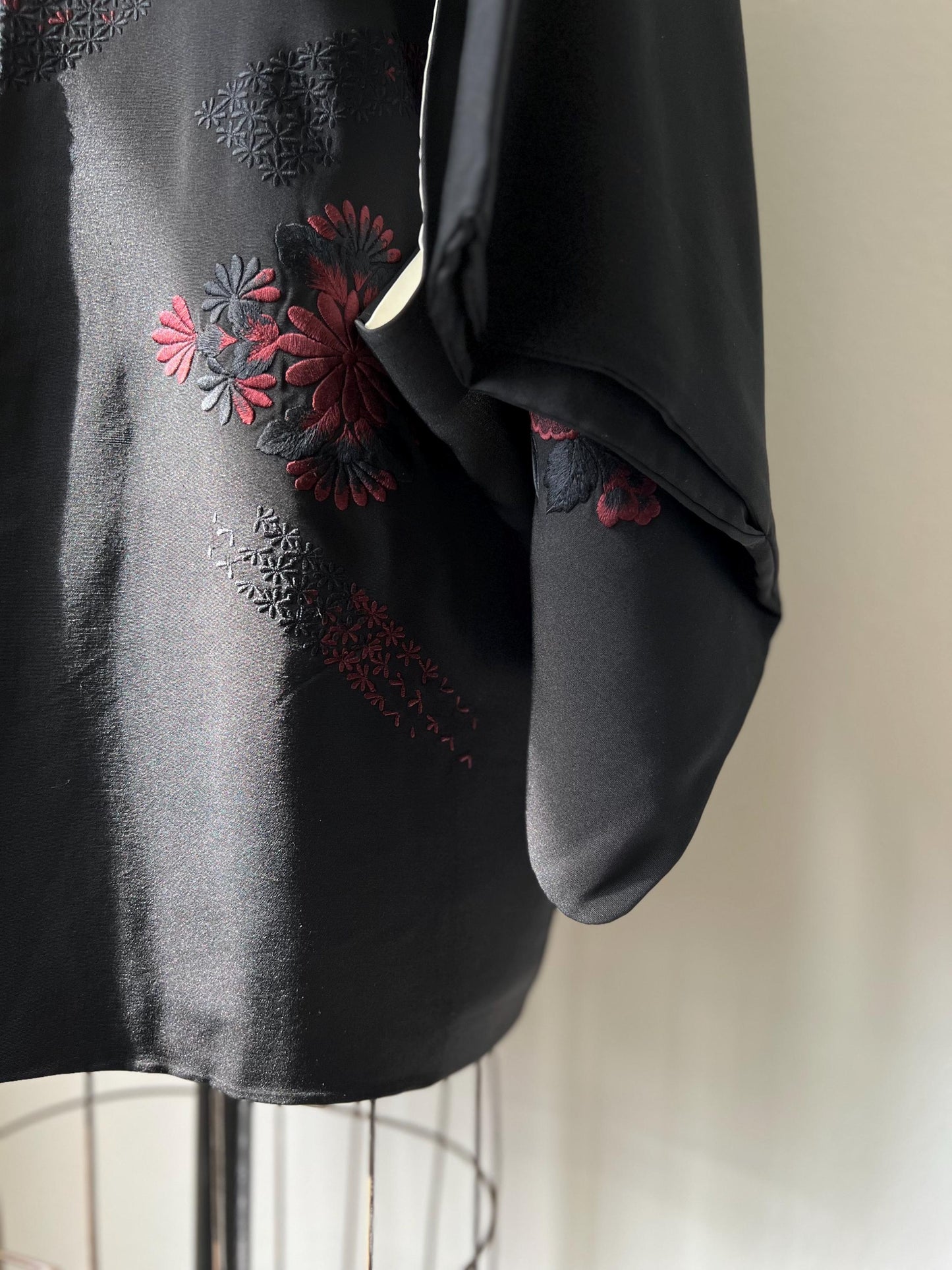 Antique Black Silk Haori | Chrysanthemum & Peony Embroidery
