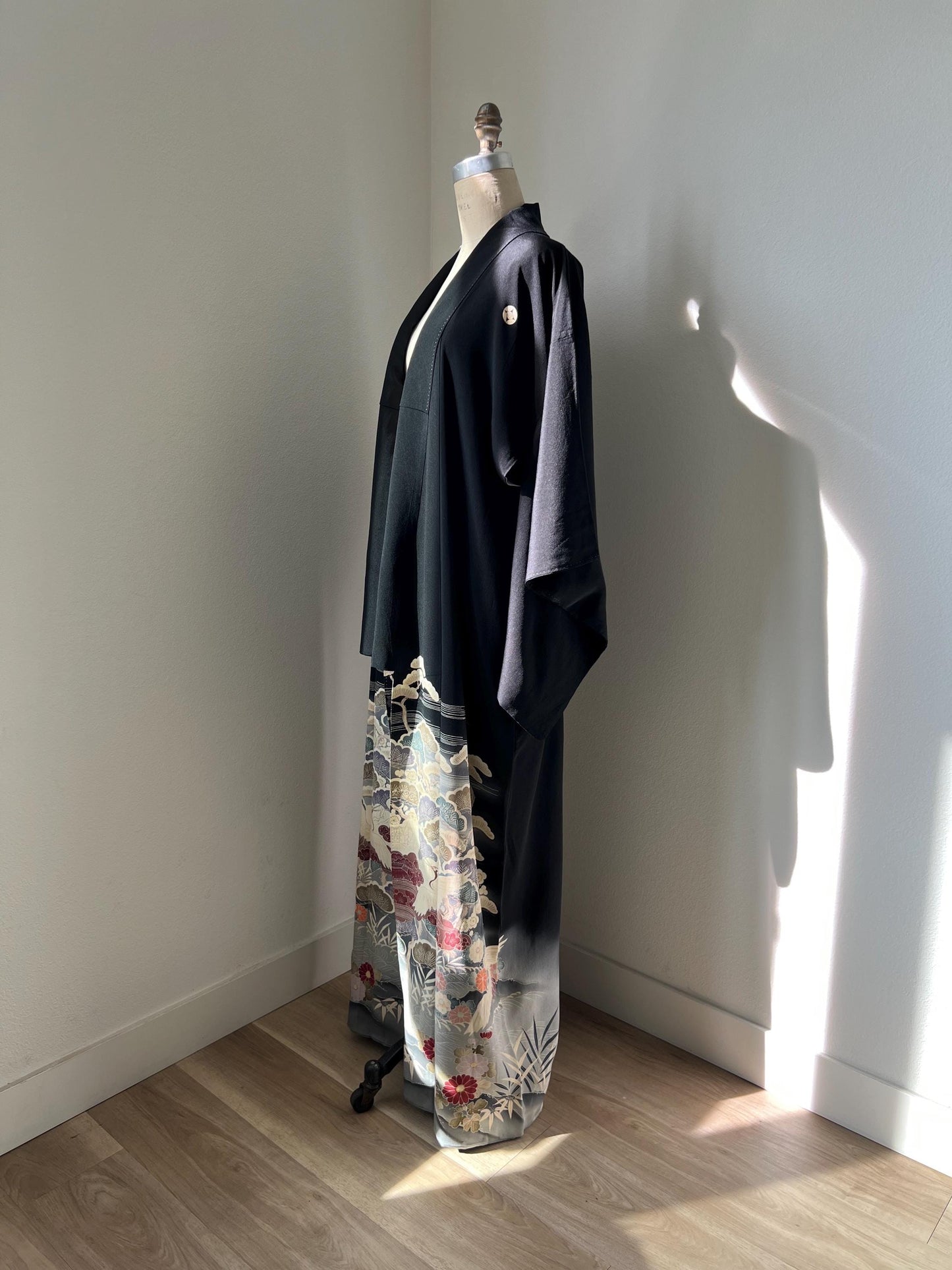 Antique Kurotomesode Kimono with crane pattern