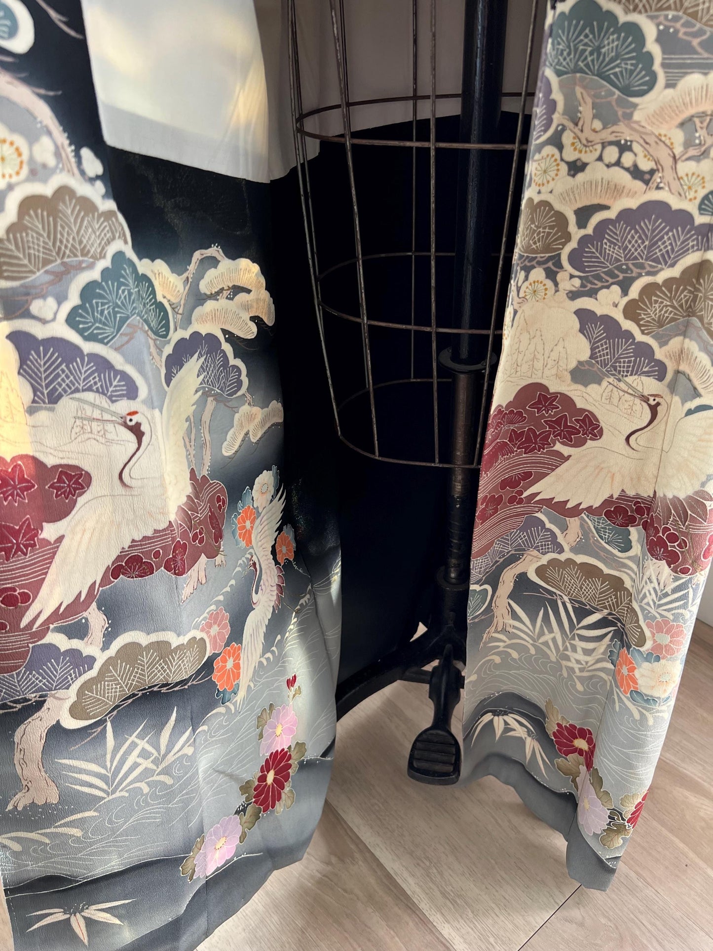 Antique Kurotomesode Kimono with crane pattern