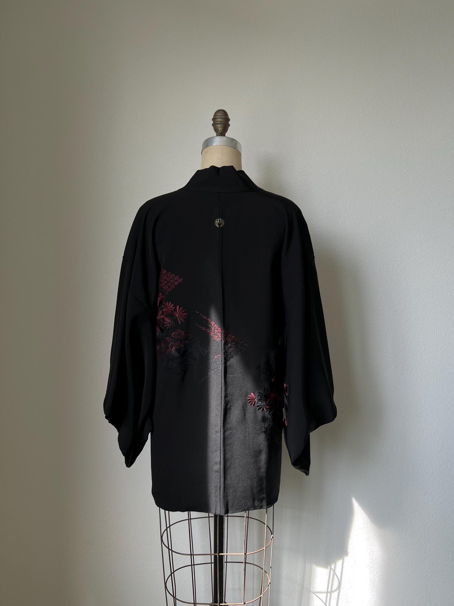 Antique Black Silk Haori | Chrysanthemum & Peony Embroidery