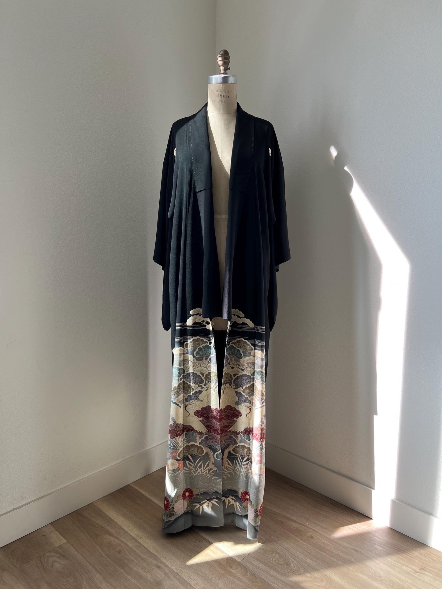 Antique Kurotomesode Kimono with crane pattern