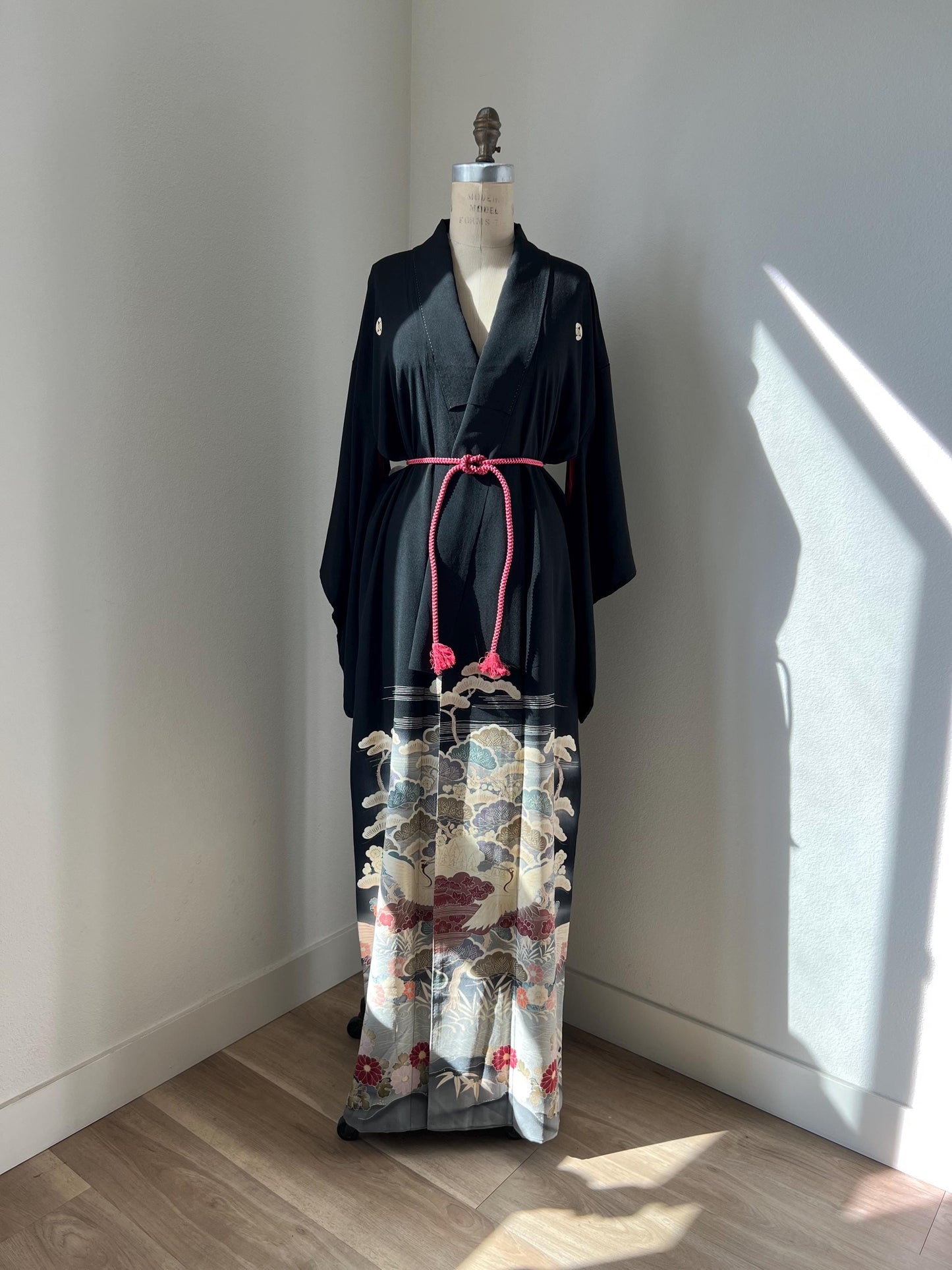 Antique Kurotomesode Kimono with crane pattern