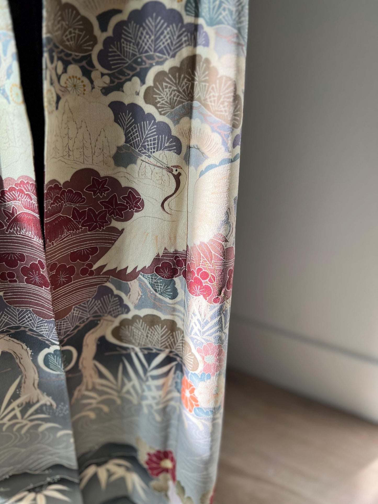 Antique Kurotomesode Kimono with crane pattern