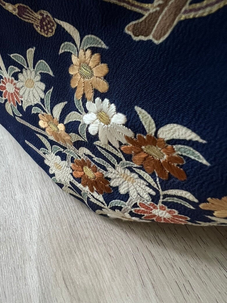 Antique 1930s Japanese silk Irotomesode kimono | Navy | Embroidery