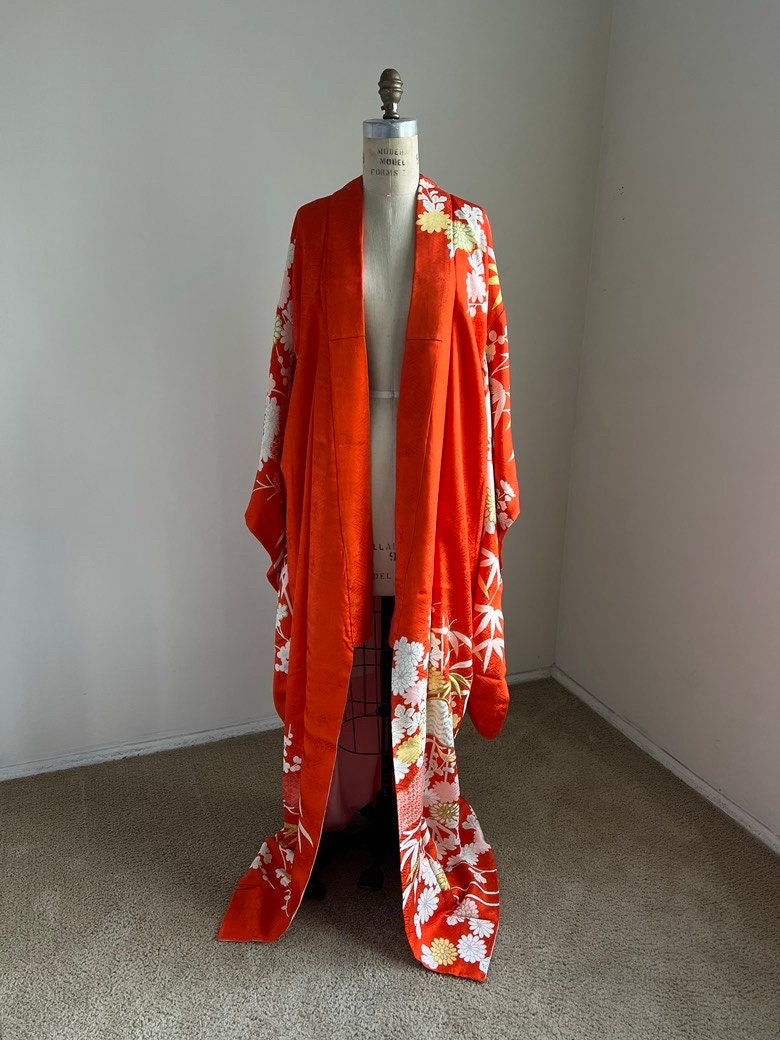 100% Silk Antique Furisode / Kimono from Japan Orange store & White with Obi