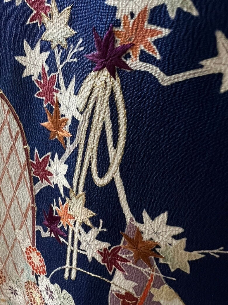 Antique 1930s Japanese silk Irotomesode kimono | Navy | Embroidery