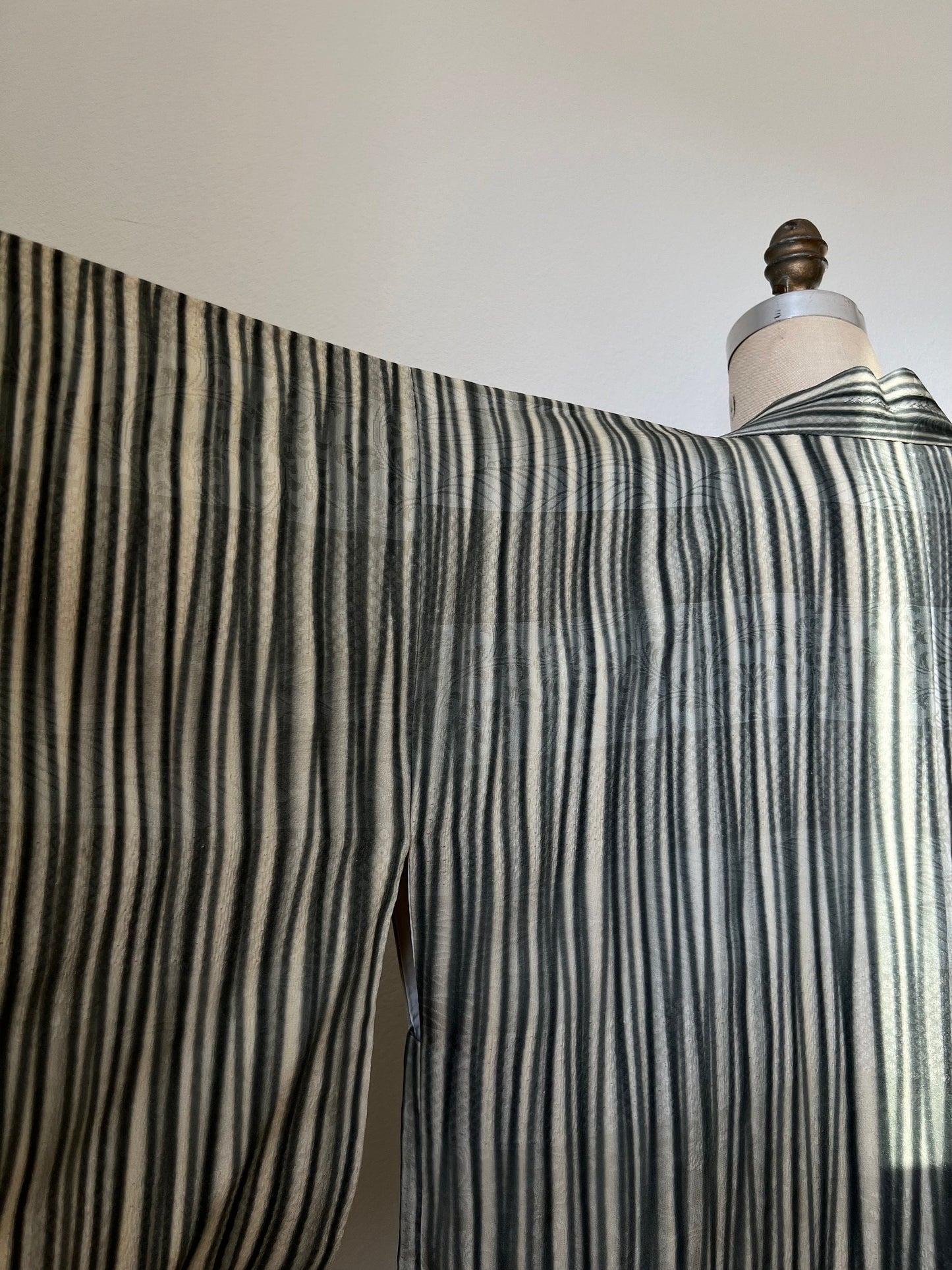 Antique Beige & Greenish Gray Striped Silk Haori