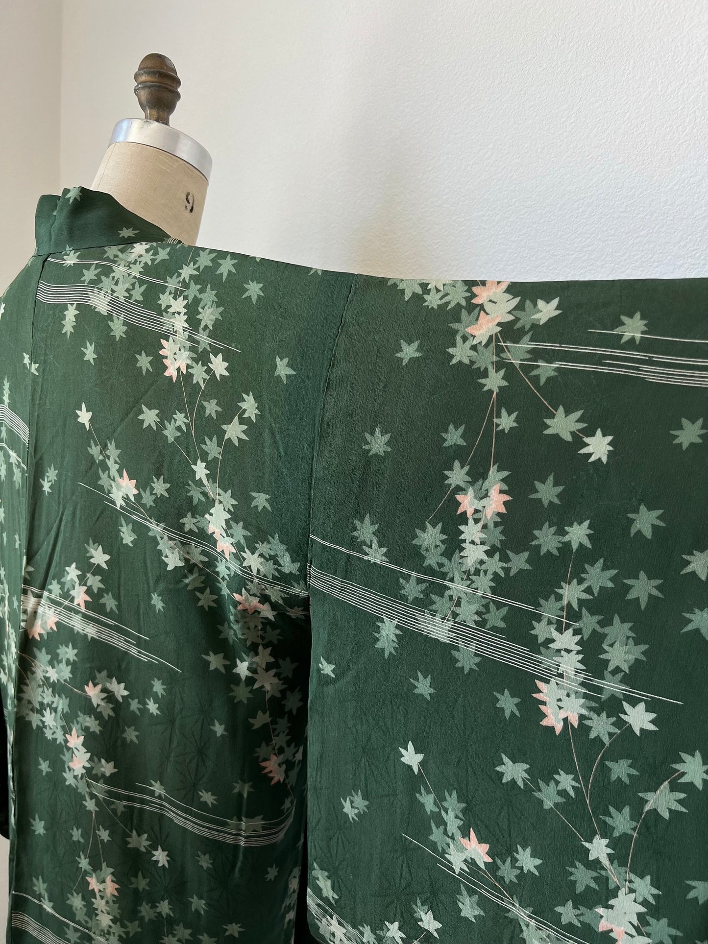 Antique Japanese green silk long Haori with maple leaf pattern