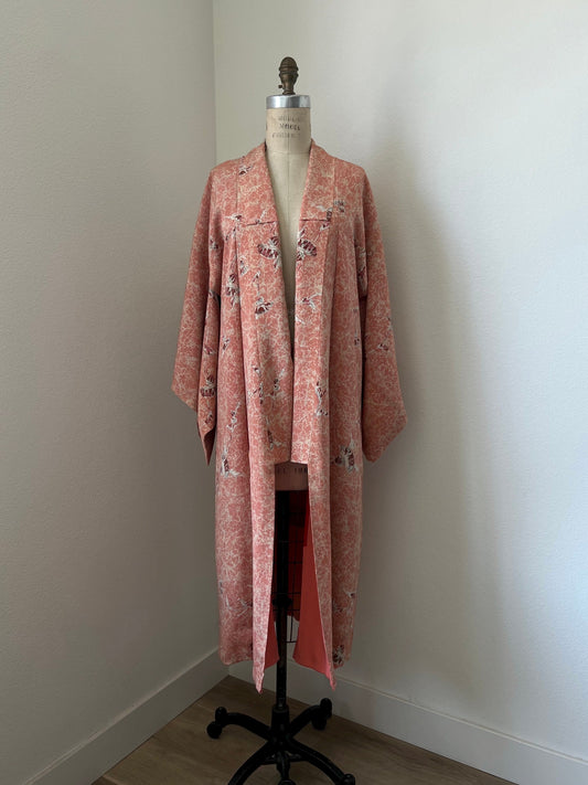 Antique Pink Silk Kimono with Floral Pattern