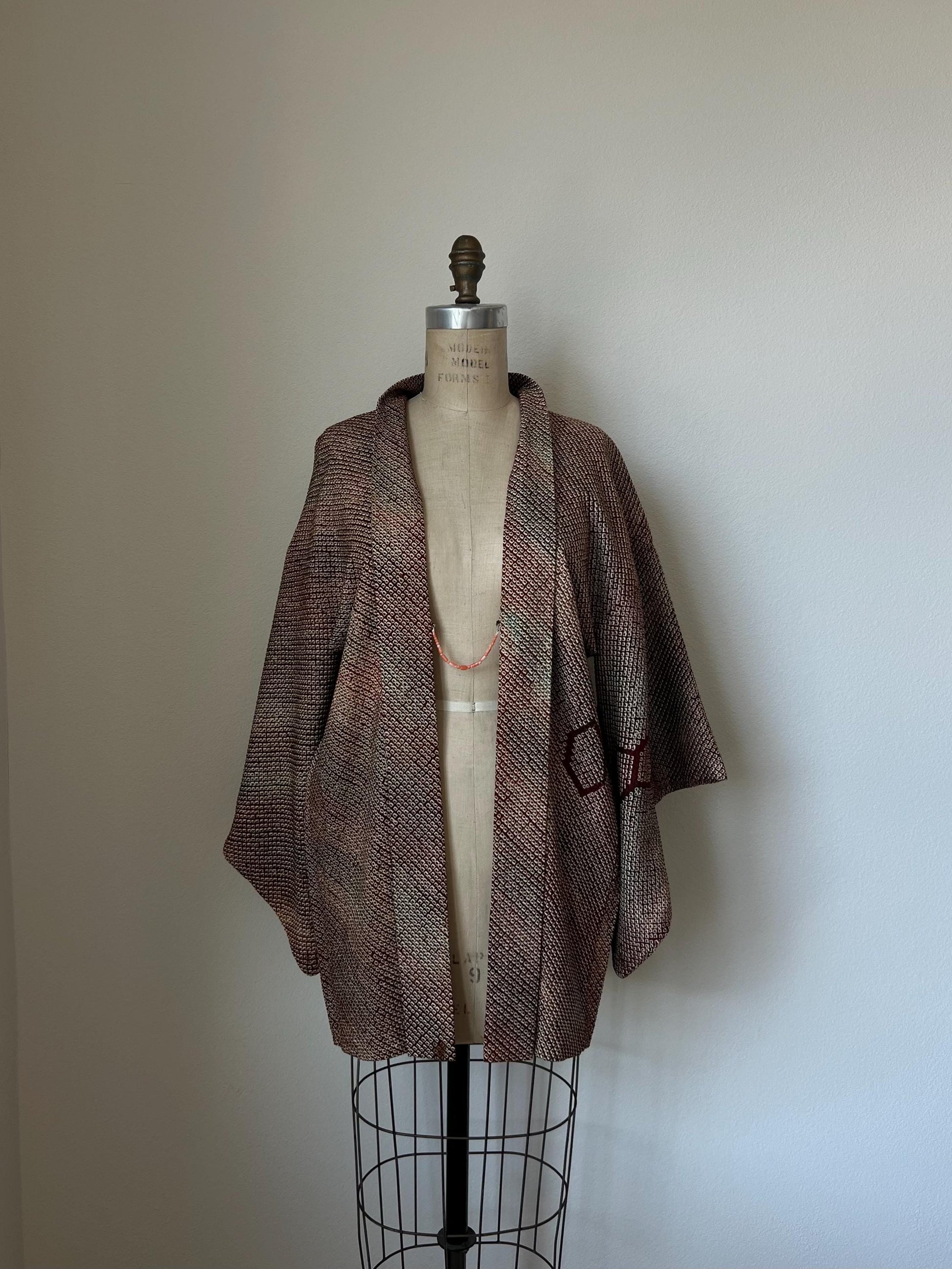 Antique Redish Brown & Green Silk Shibori Haori