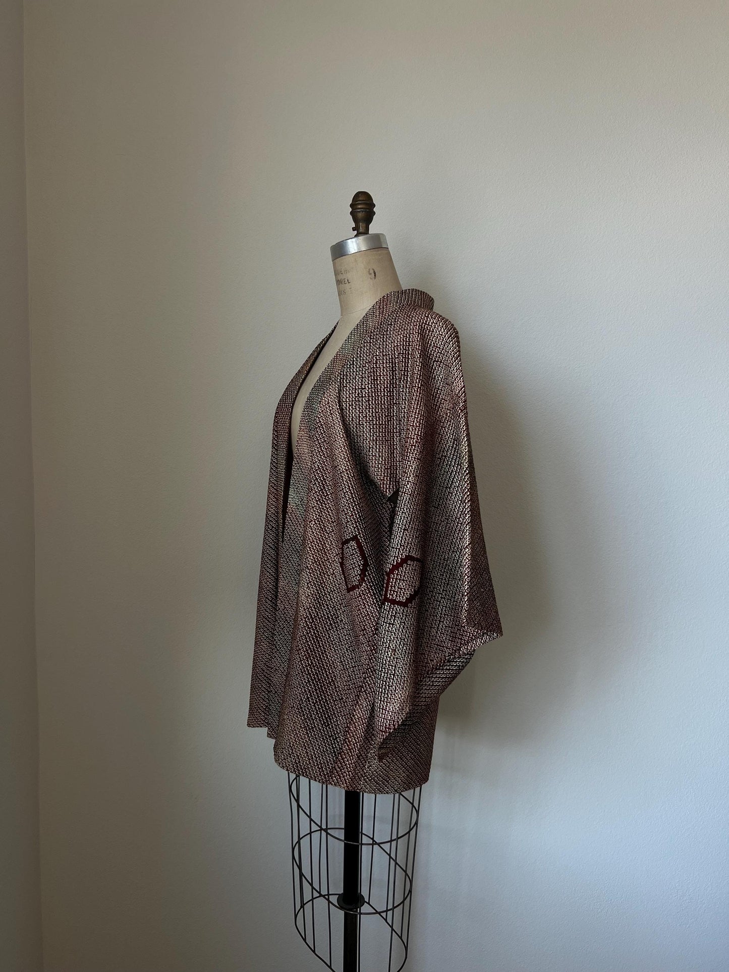 Antique Redish Brown & Green Silk Shibori Haori