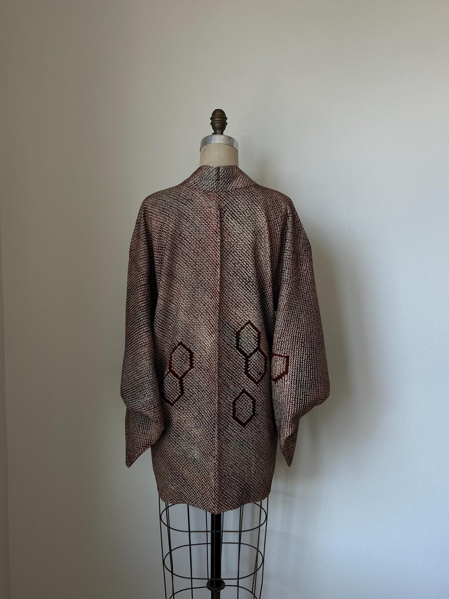 Antique Redish Brown & Green Silk Shibori Haori