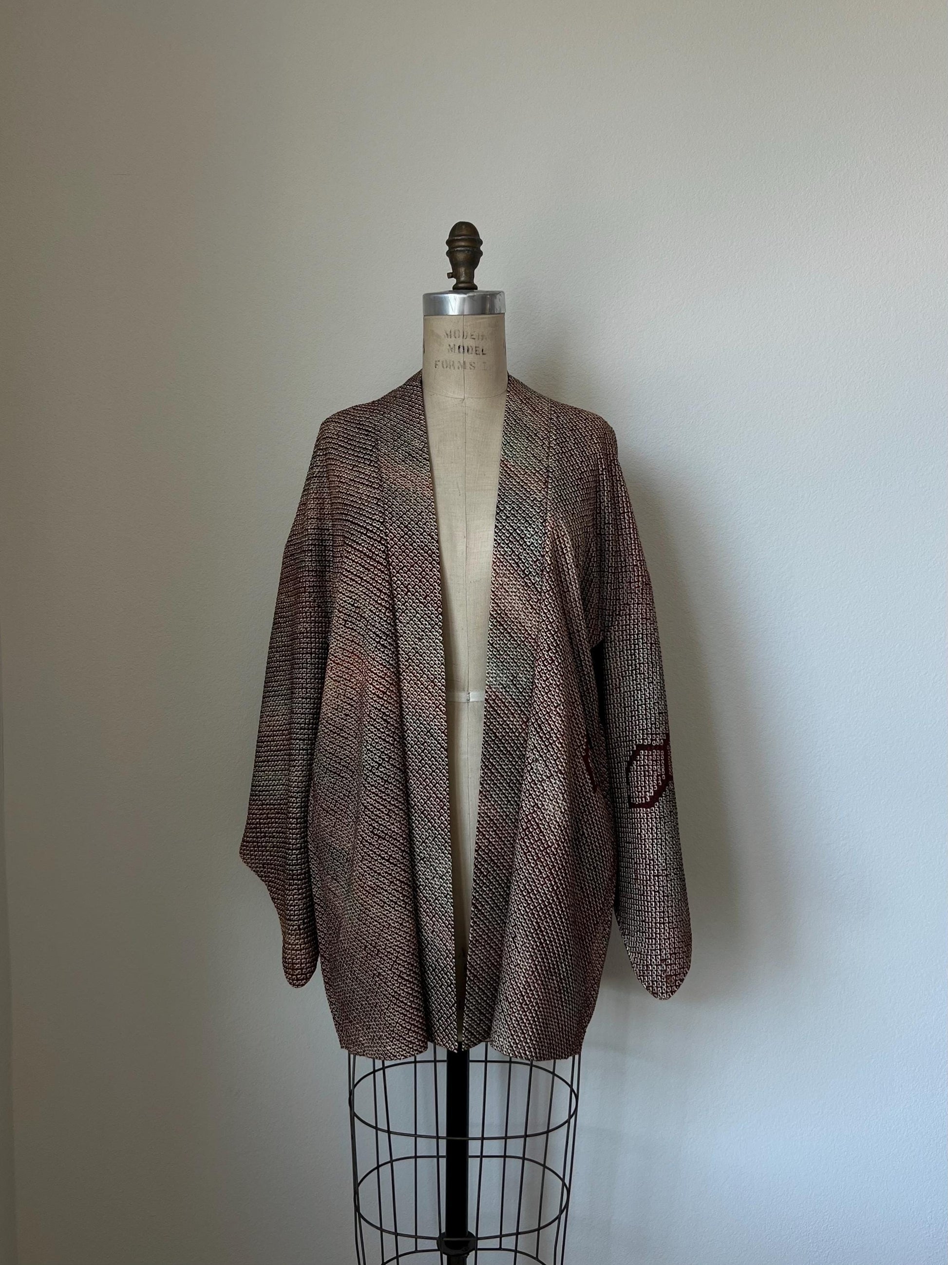 Antique Redish Brown & Green Silk Shibori Haori