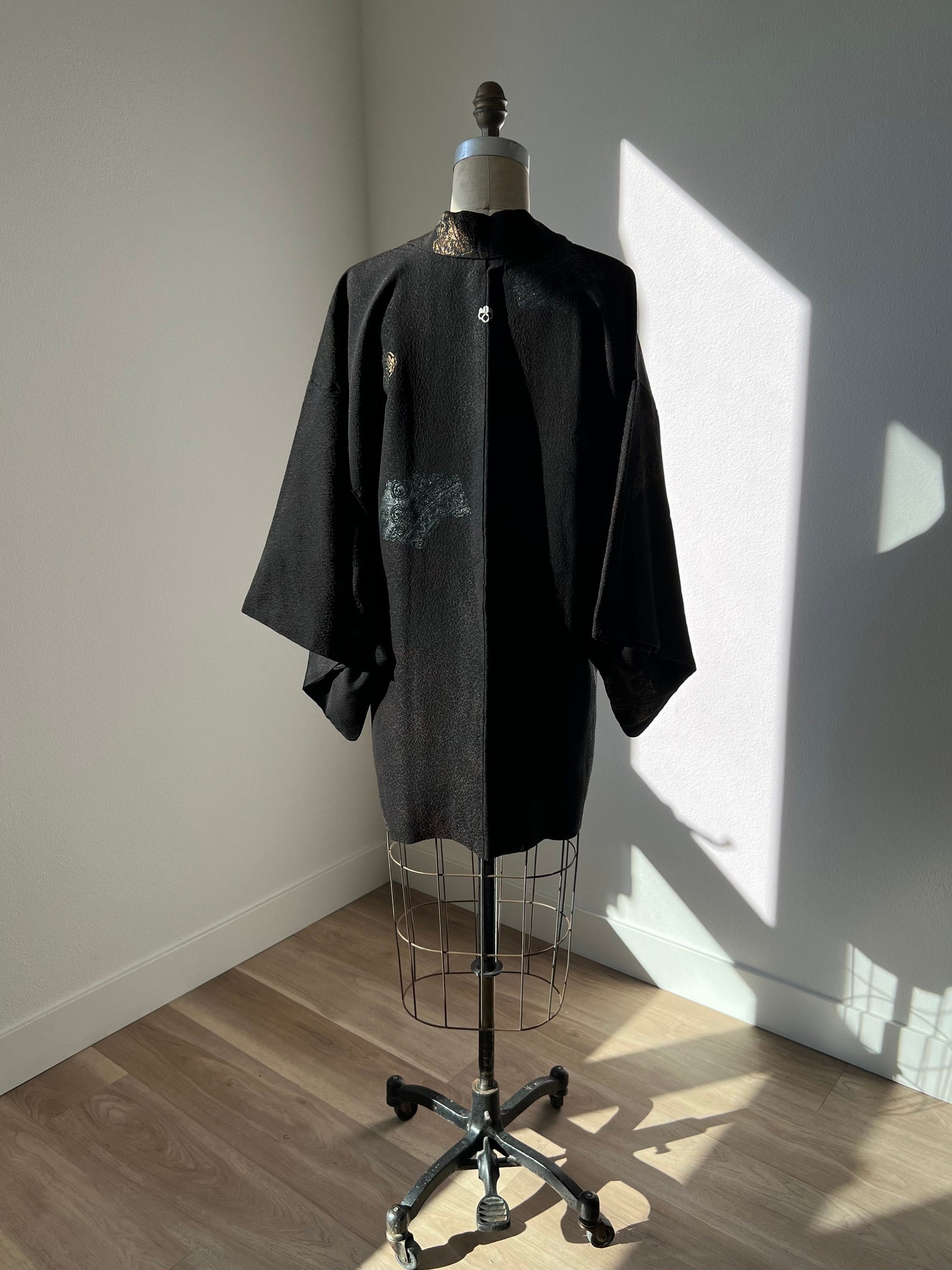 Antique 1920s Japanese silk Haori | Black & Brown | Broken pottery