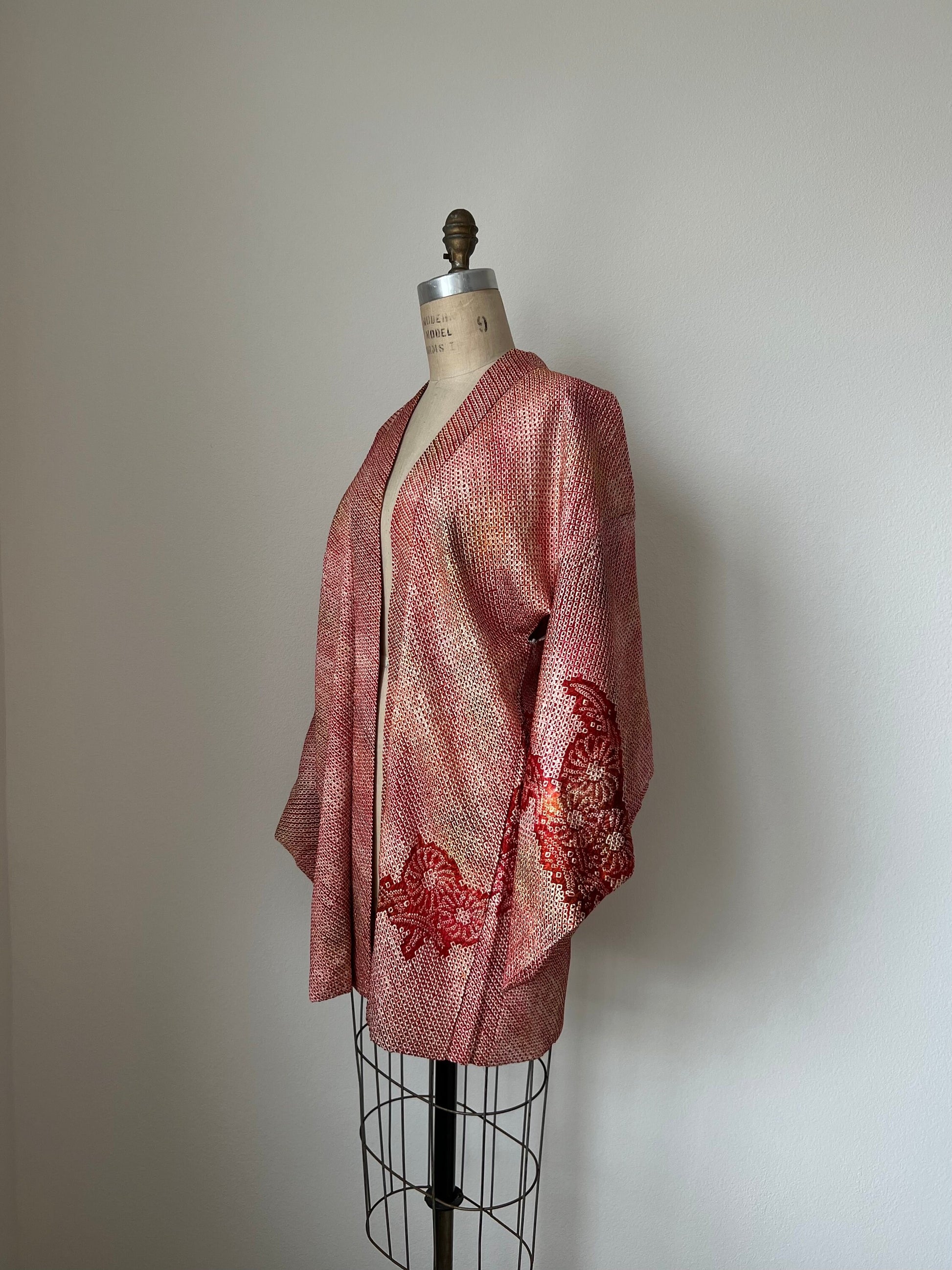 Vintage Haori Jacket Red Silk Kimono Japanese Jacket Orange Shibori Brown Vintage kimono Yellow Tie Dyed Jacket