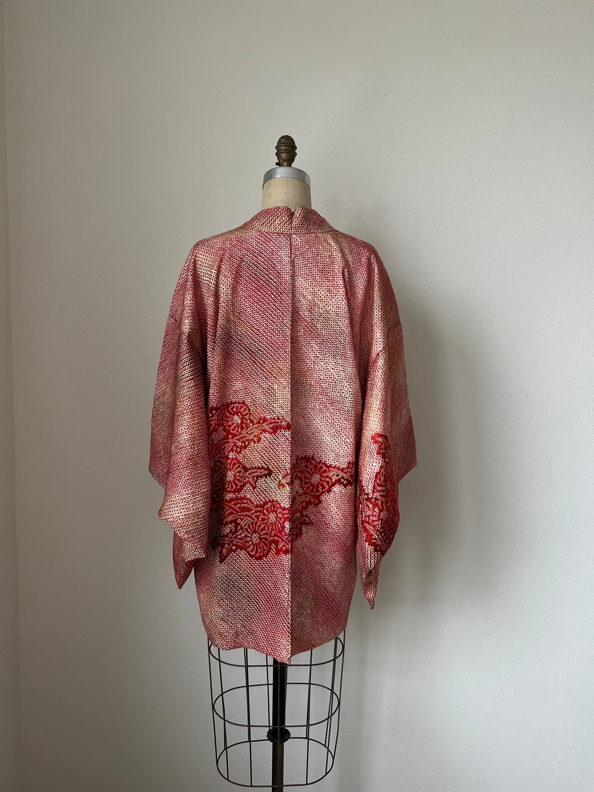 Vintage Haori Jacket Red Silk Kimono Japanese Jacket Orange Shibori Brown Vintage kimono Yellow Tie Dyed Jacket