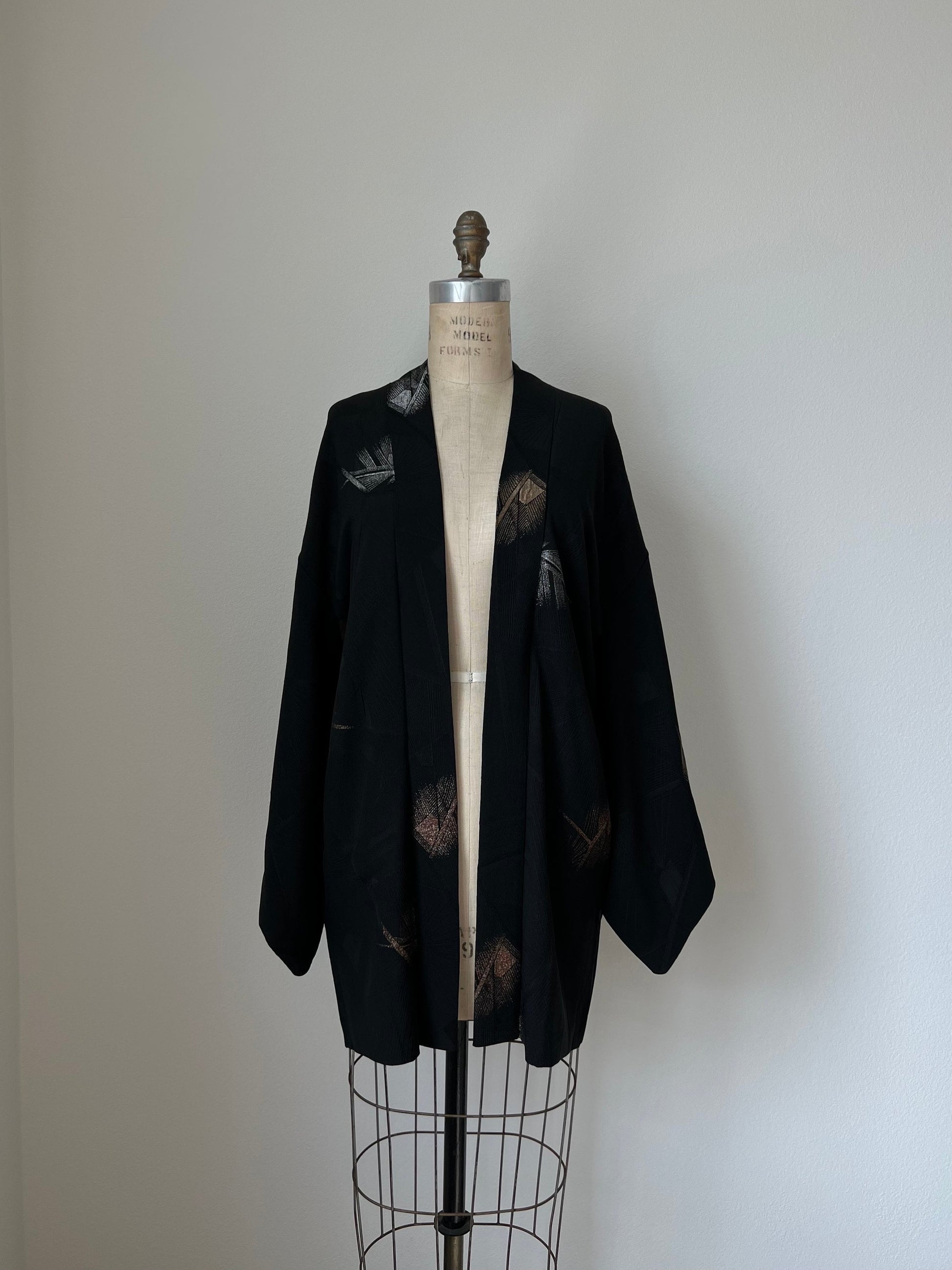 Front image, antique Japanese black haori kimono jacket