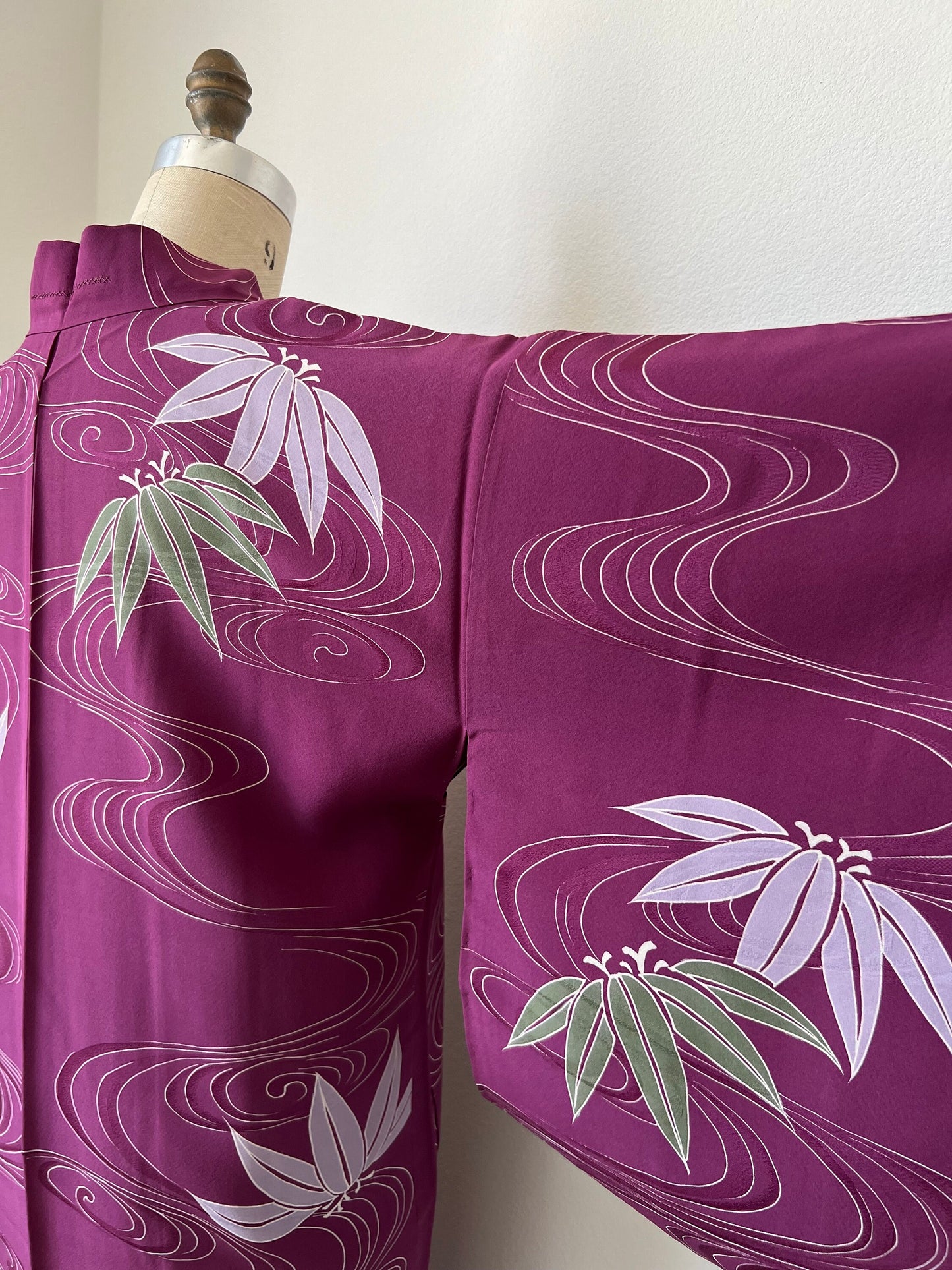 Antique Japanese purple silk long Haori with flowing water & bamboo pattern
