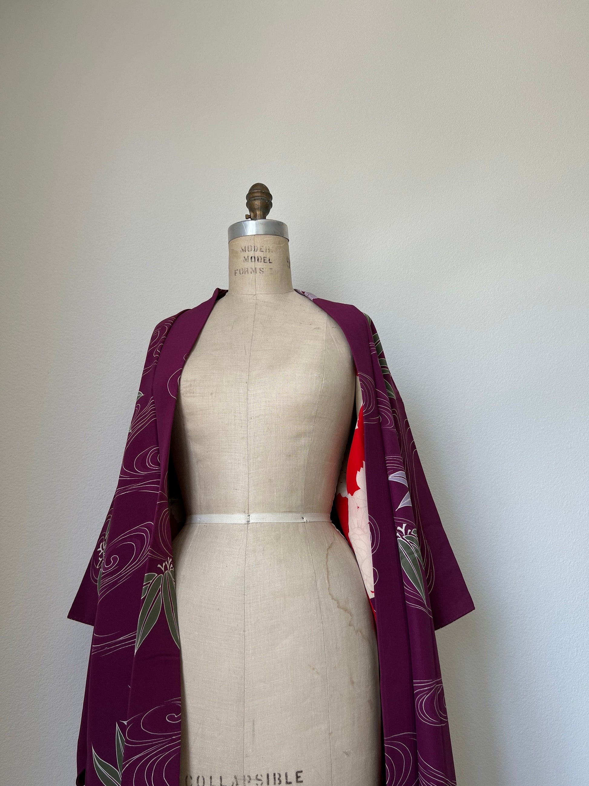 Antique Japanese purple silk long Haori with flowing water & bamboo pattern