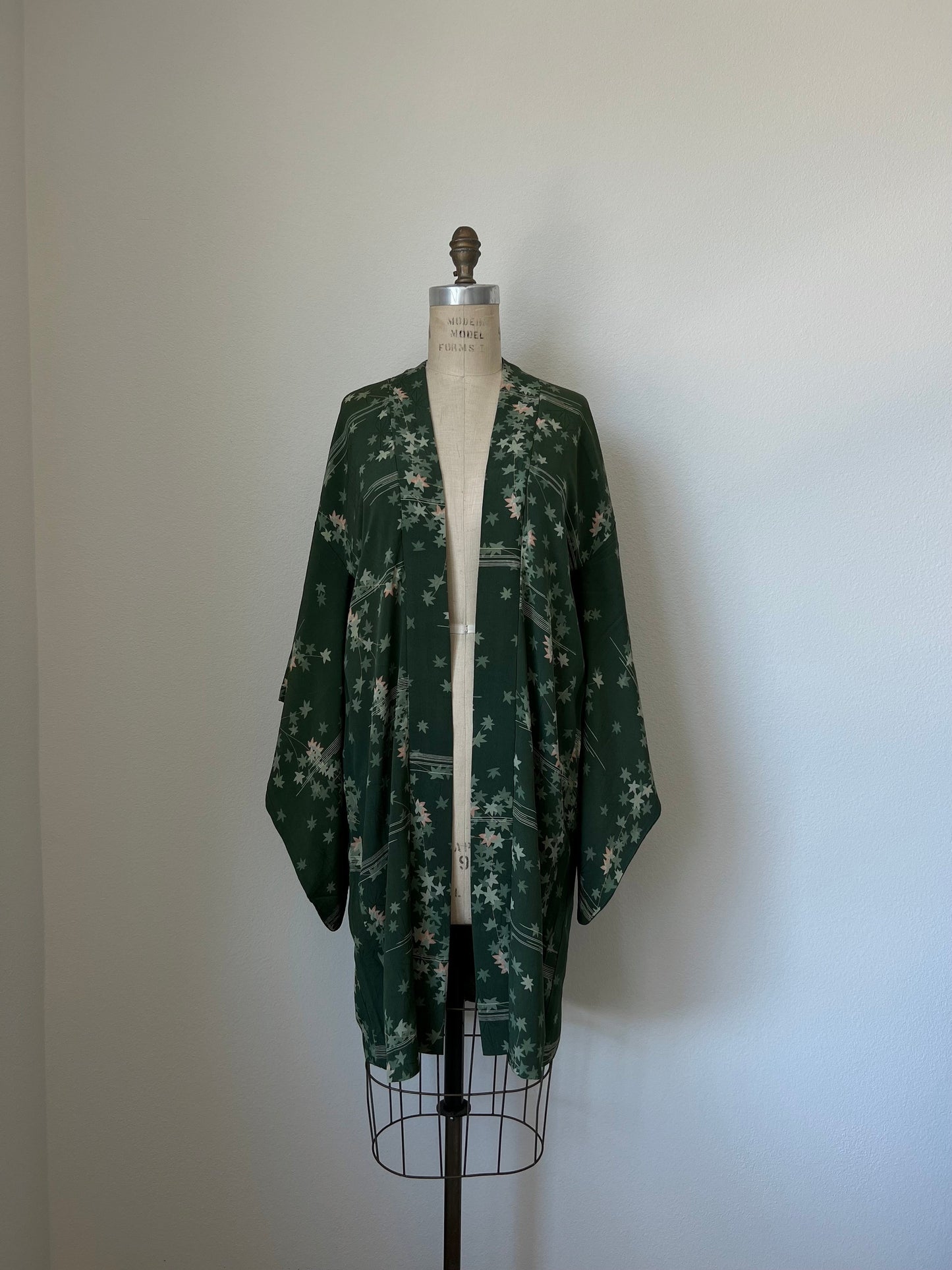 Antique Japanese green silk long Haori with maple leaf pattern