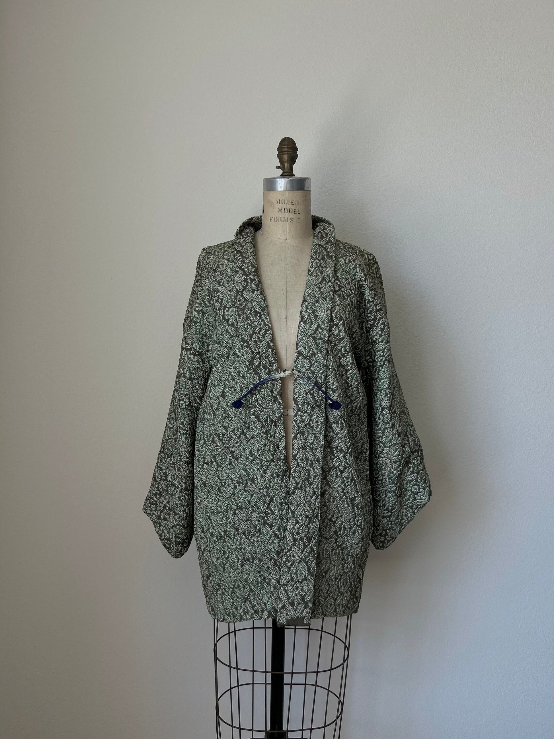Vintage Haori Jacket Green Silk Kimono Japanese Jacket Shibori Vintage kimono Green Gray Tie Dyed Jacket
