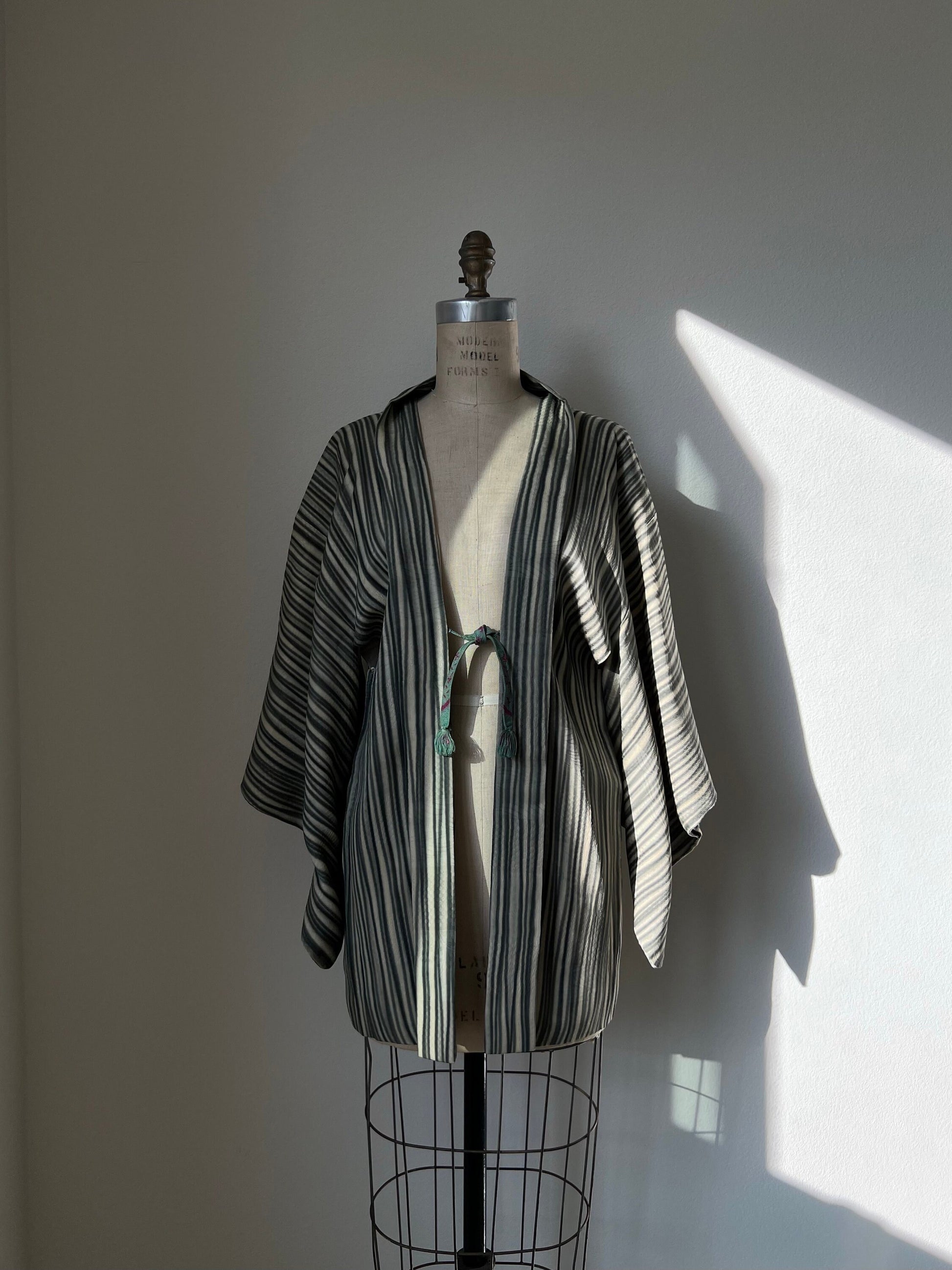 Antique Beige & Greenish Gray Striped Silk Haori